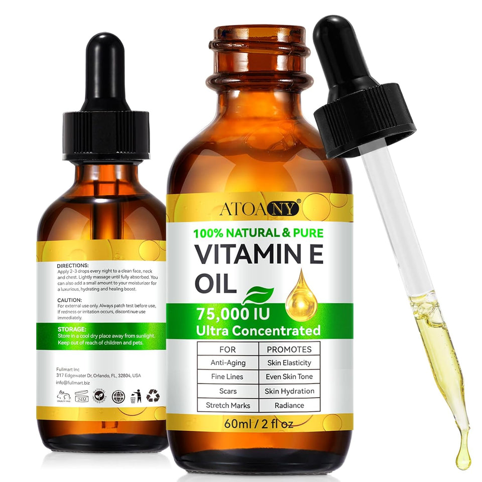 flasture Vitamin E Oil 75,000 IU – 100% PLre Natural Vitamin E for Skin, Face, Hair, Scars – Deep Moisturizing Body Oil for Dry Skin, Wrinkles – Cold-Pressed, Non-GMO,Skincare – 2 Fl Oz