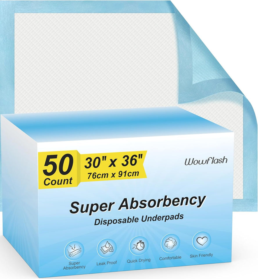 Wowflash Super Absorbency Disposable Leakproof Underpads with Quick Drying for Baby, Adults, PLppy, Dog Bed Pee Pads, Extra Large, XXL Incontinence Pads, 30” x 36”, 50 Count