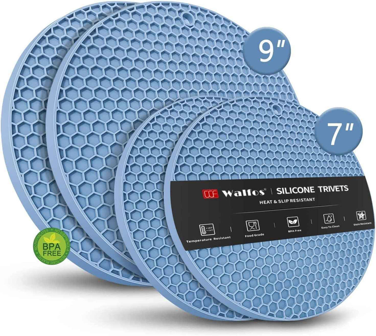 Walfos Silicone Trivet Mats - 4 Heat Resistant Pot Holders, Multipurpose Non-Slip Hot Pads for Kitchen Potholders, Hot Dishers, Jar Opener, Spoon Holder, Food Grade Silicone & BPA Free (Black)