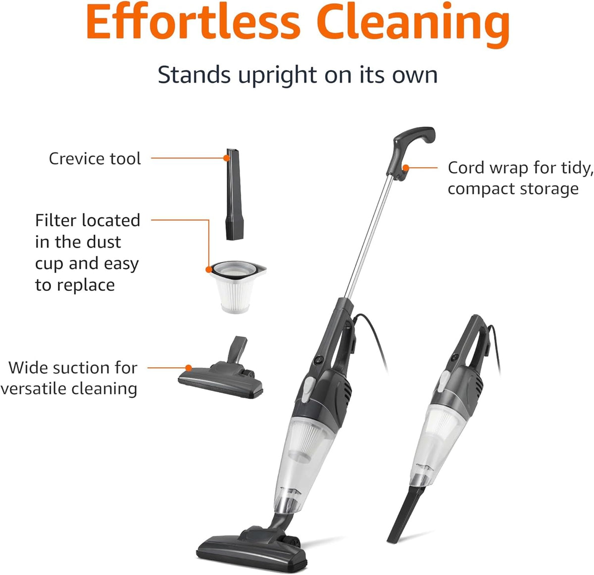 Amazon Basics 2-in-1 Corded Stick Vacuum Cleaner, Convertible to Handheld, Lightweight (3.9 LBS), with Washable Filter, Crevice Tools, 0.5L Dust Cup, 19.7-Ft Cord, 300W, Black