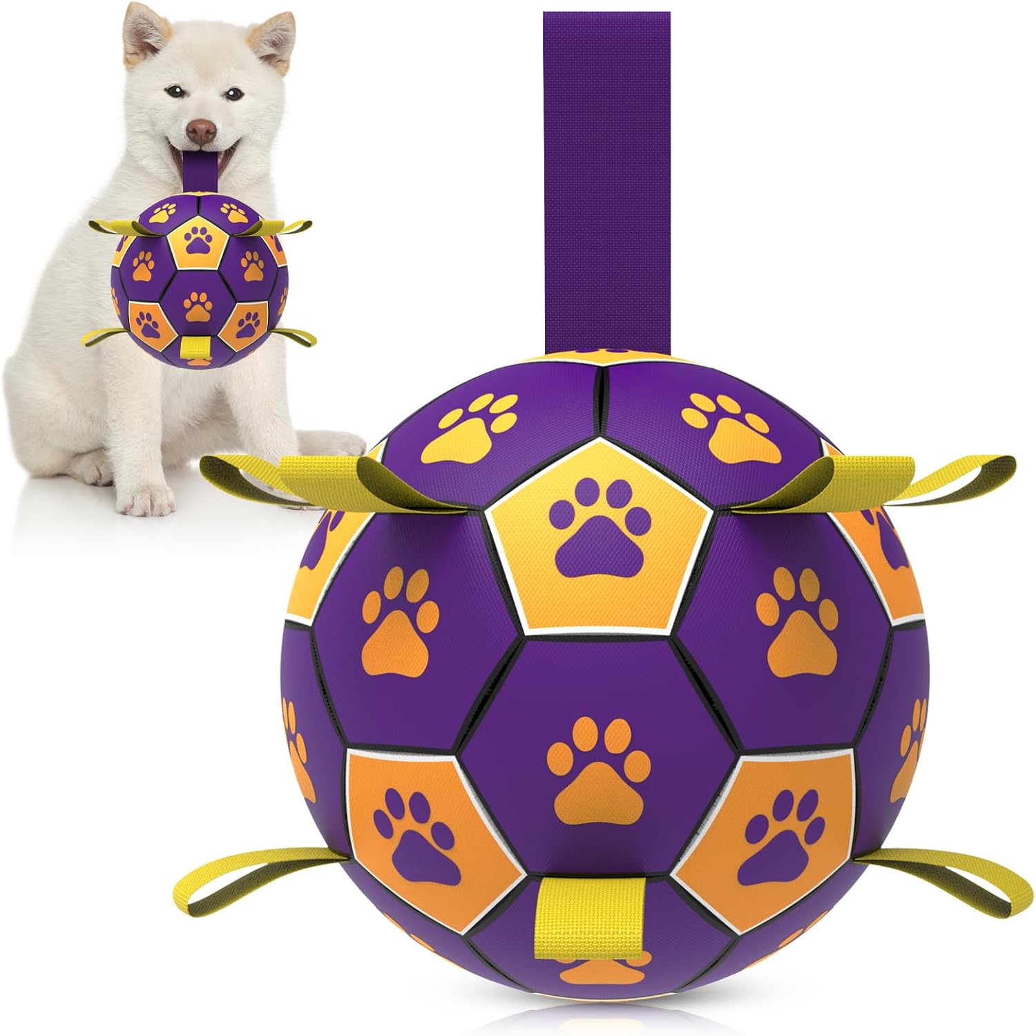 Qdan dog toys 6 inch world cup dog soccer ball with straps for small medium pet outdoor play
