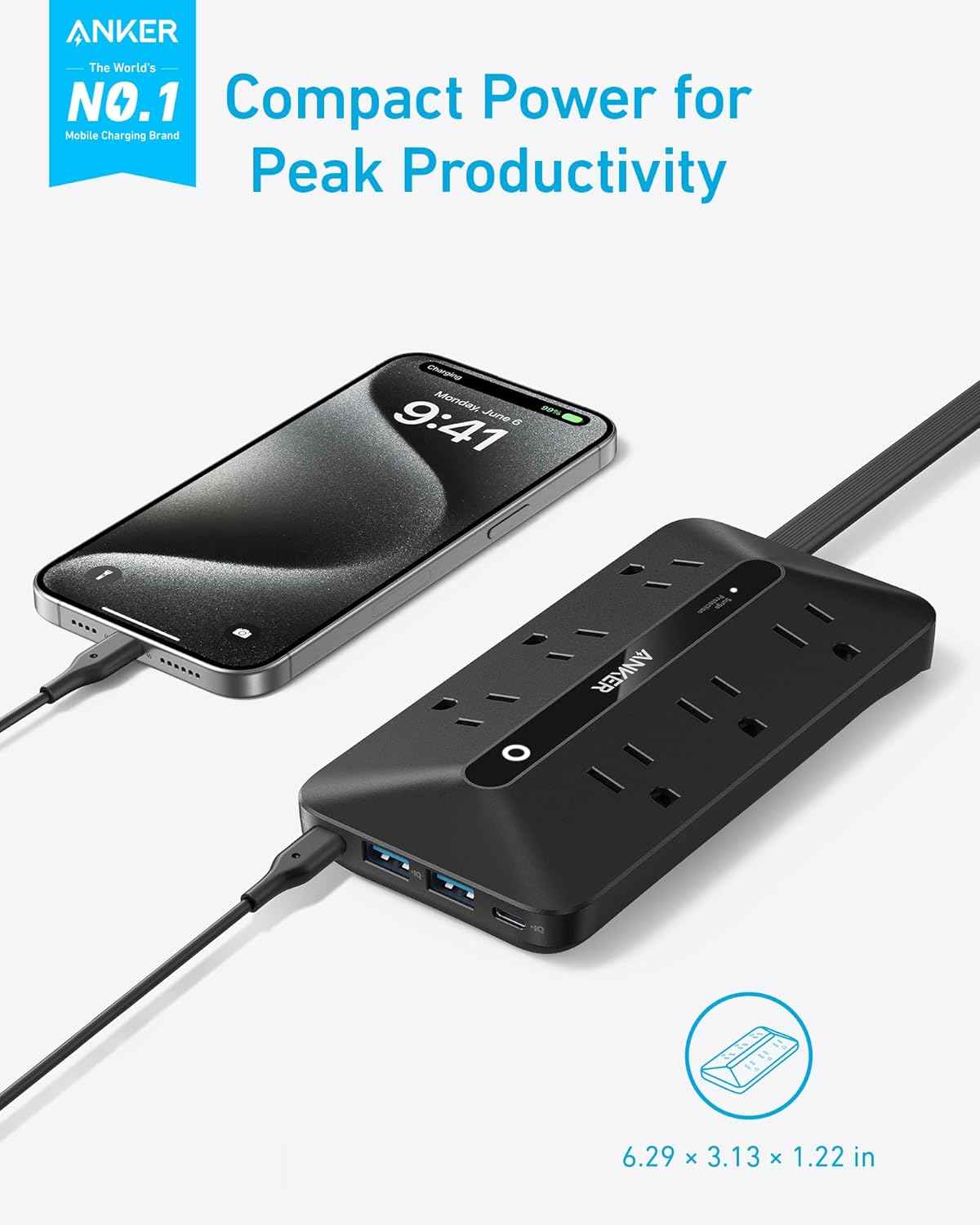 anker 300j flat plug 10-in-1 ultra thin power strip with 6 ac and 3 usb ports, extension cord, desk charging station, 5 feet, black