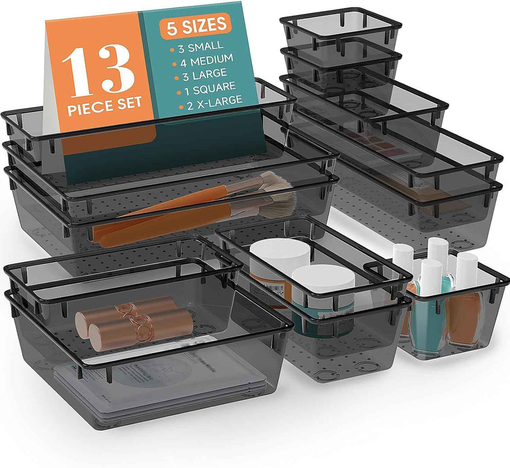 16 PCS Drawer Organizer Set, 5 Varied Size Bathroom and kitchen Drawer cabinet organizer Trays, Clear Storage Bins for Makeup, Jewelry, Utensils and Gadgets