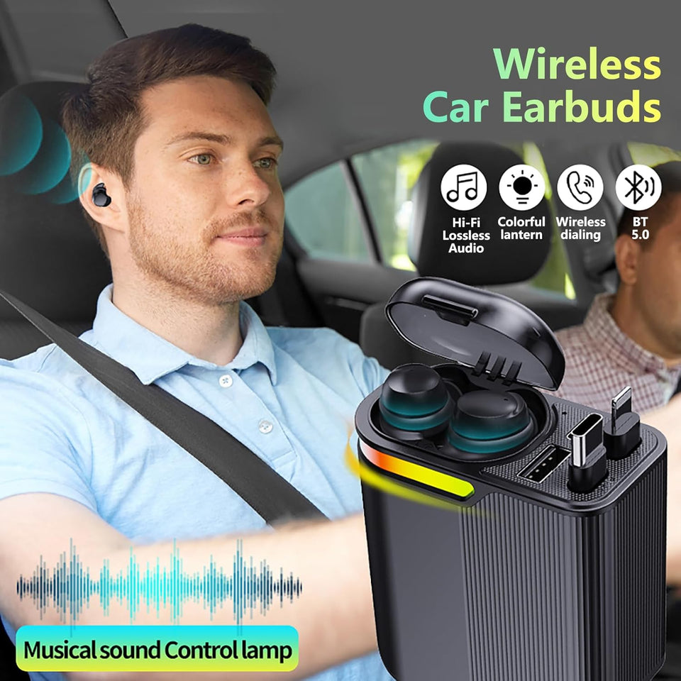 mlvoc 120w fast car charger with retractable 4-in-1 cable and wireless earbuds