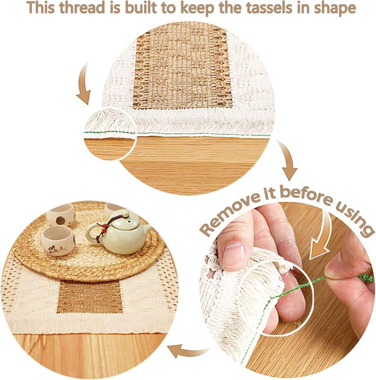 Handmade Boho Placemats Set of 6 - Natural Cotton Burlap and Water Straw Woven Combination Table Mats, Macrame Décor and Farmhouse Style Placemats, for Dining Table Kitchen