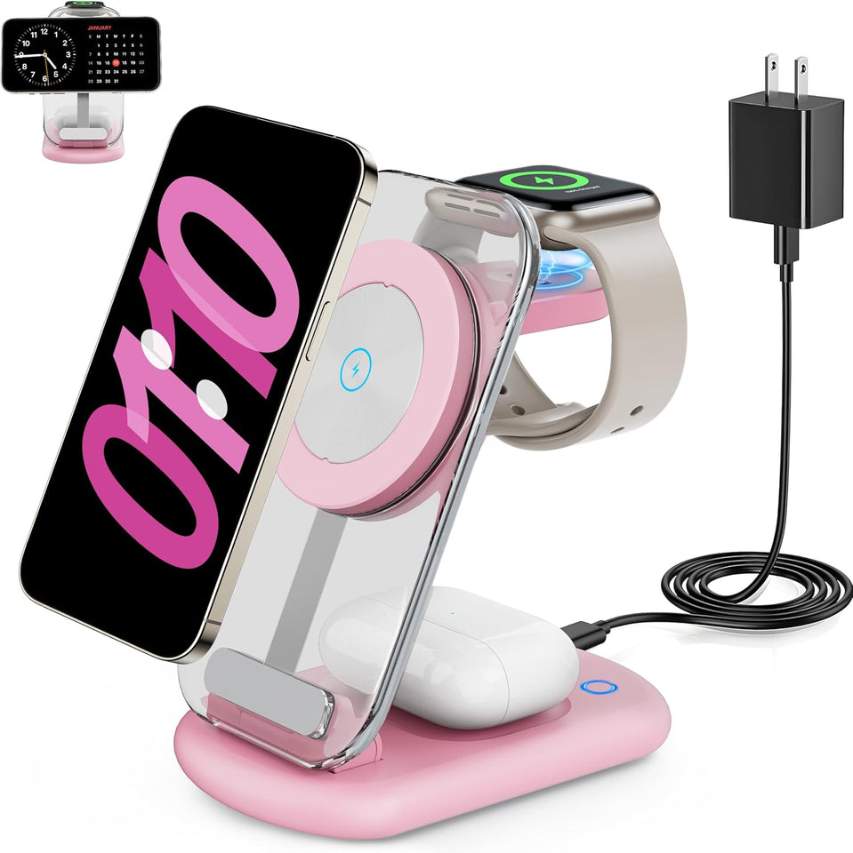 2025 Traveling Wireless Mag-Safe Fast Charging Station,Magnetic 3 in 1 Charger with Light for iPhone 17 16 15 14 13 12 Pro Max Plus,Apple Watch& Air pods 4 3 2 Pro-Gifts for Wife & Husband(White) - PureLivingMart