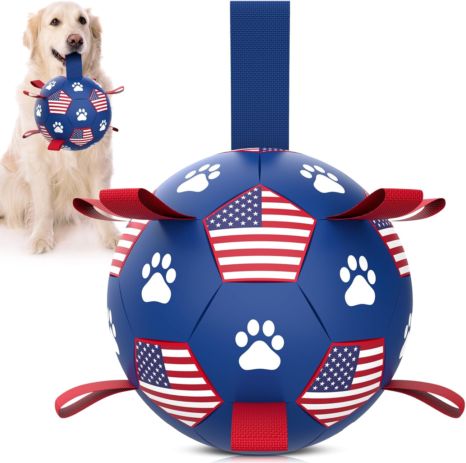 Qdan dog toys 6 inch world cup dog soccer ball with straps for small medium pet outdoor play