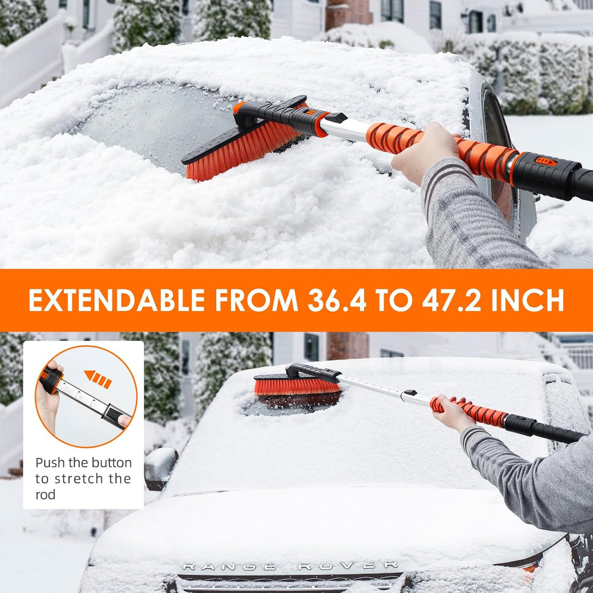 astroai 47.2 inch ice scraper with extendable snow brush and 360° pivoting head for cars and trucks (orange)
