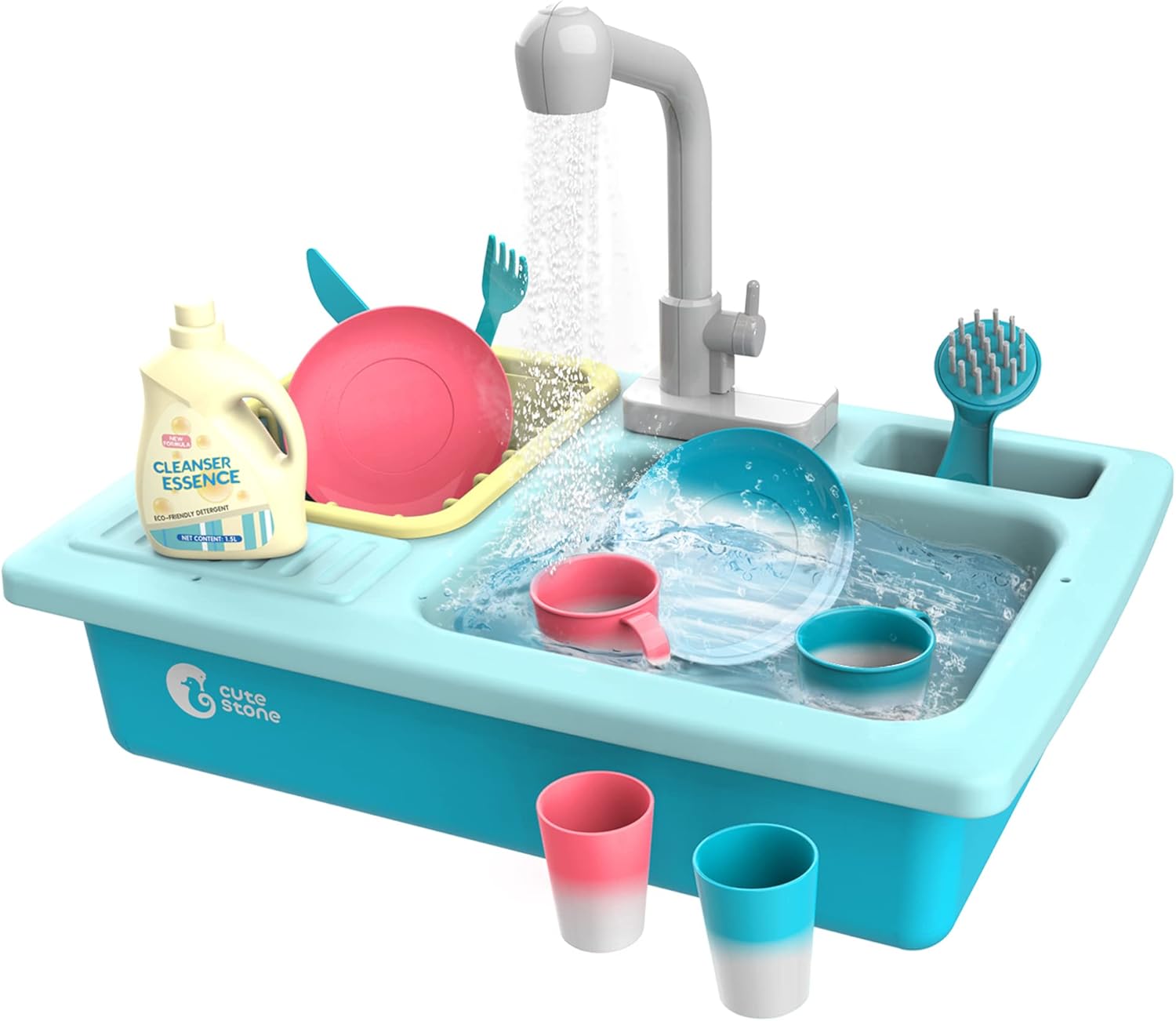 Cute Stone Color Changing Kitchen Sink Toy for Kids, Electric Dishwasher Play Set with Running Water and Faucet
