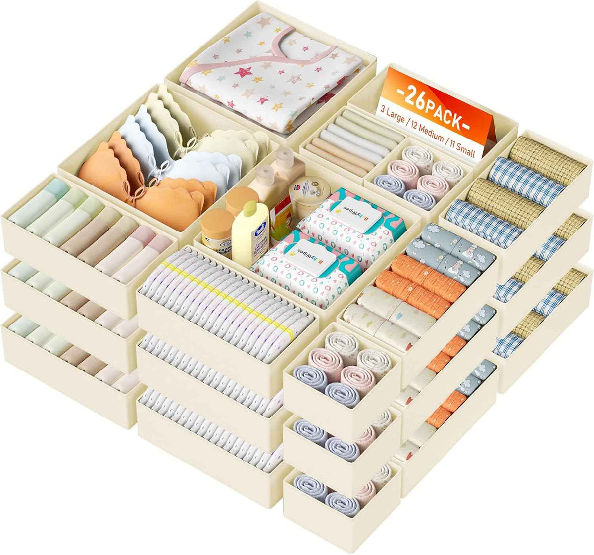 DIMJ Drawer Organizer Clothes, 12 Pack Dresser Organizer, Foldable Closet Organizers and Storage, Fabric Dresser Bins, Drawer Dividers for Nursery, Baby Clothes, Underwears, Sock (Beige)