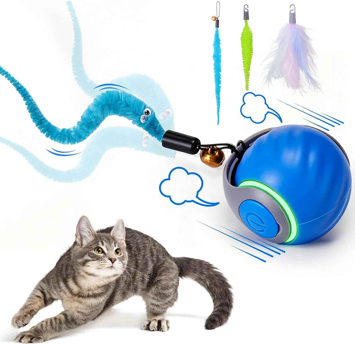 Baborui automatic interactive cat toy ball for small/medium/large cats with 3 tails, 2 speeds, rechargeable blue