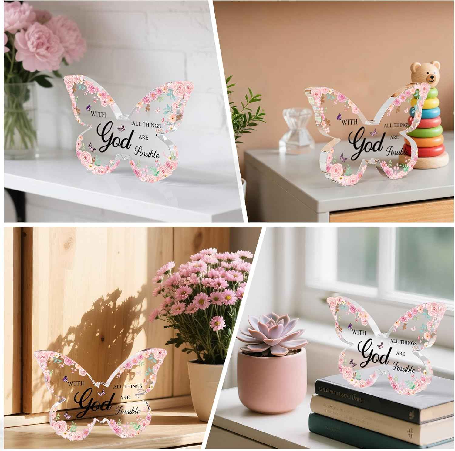 Office Desk Decor for Women Pink Desk Accessories Decoration Pink Butterfly Christmas Gifts for Women Birthday Inspirational Religious Gift for Office Room Decor