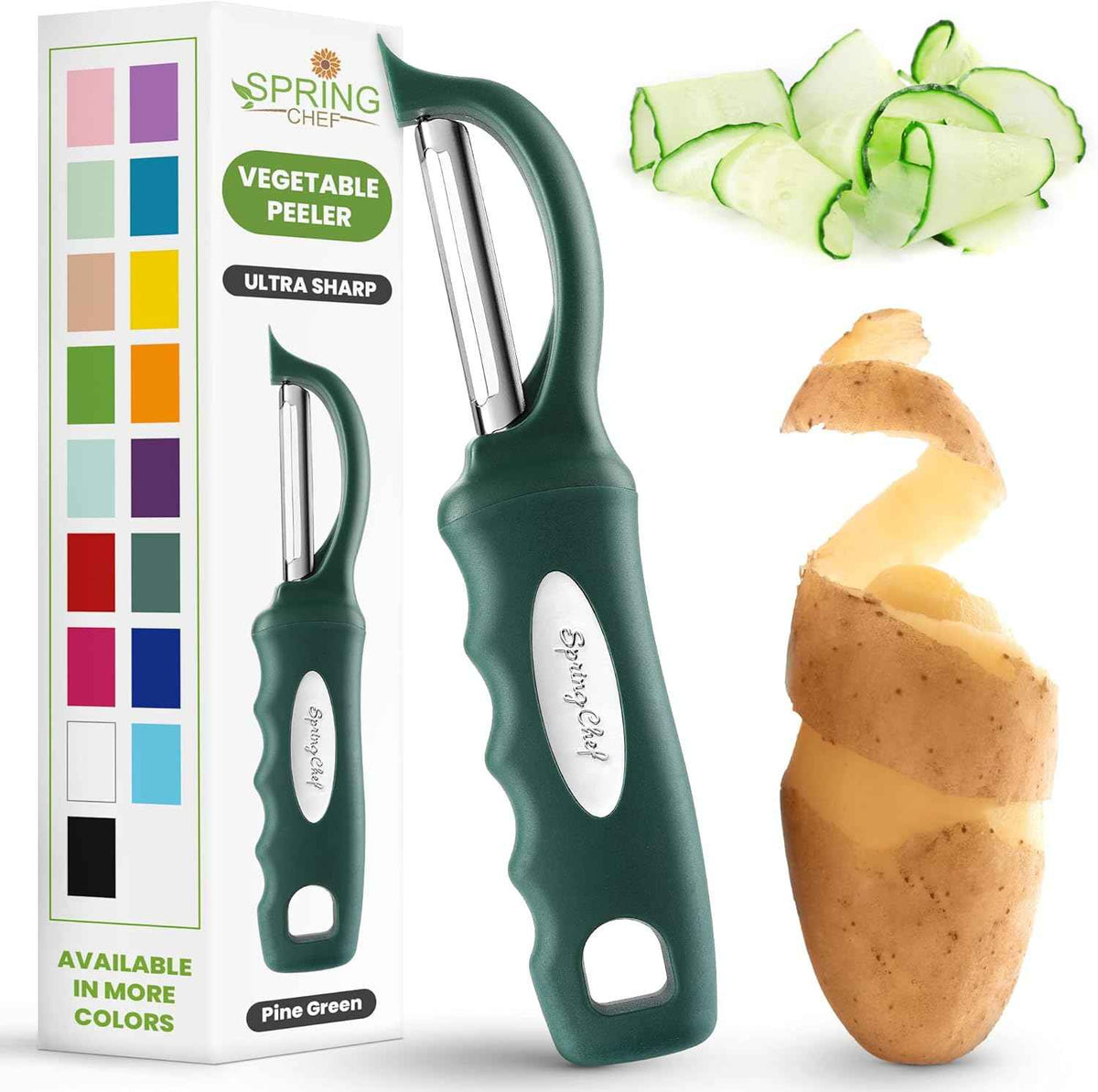 Spring Chef Premium Swivel Vegetable Peeler, Soft Grip Handle and Ultra Sharp Stainless Steel Blades - Perfect Kitchen Peeler For Veggie, Fruit, Potato, Carrot, Apple - Black
