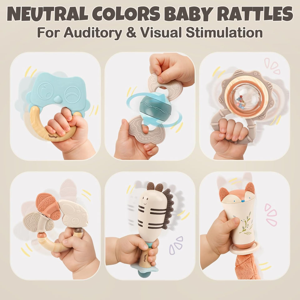 Baby Rattles & Teethers Set – Baby Toys 0-6 Months, Teething Toys 3-6 Months, Sensory Toys with Soft Textures, Gentle Sounds & Easy-Grip Shape, Neutral Newborn Gift（10-Pack）