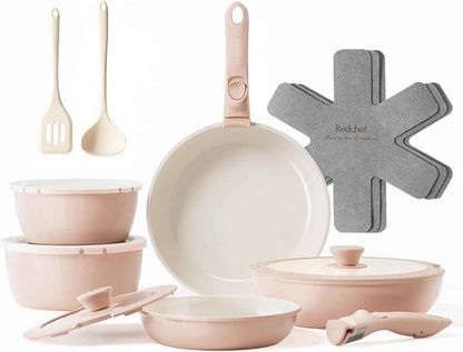 Redchef Ceramic Pots and Pans Set, Nonstick Kitchen Cookware Set with Detachable Handle, Non Toxic Cookware Set 16pcs, PFAS PFOA & PTFE Free, RV Ceramic Cookware for Camping, Dishwasher/Oven Safe