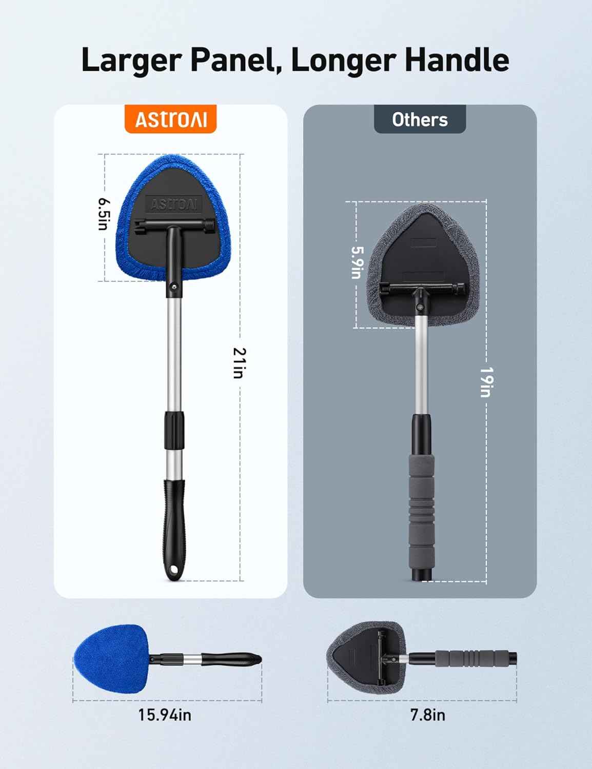 AstroAI Windshield Cleaner Tool with Extendable Handle and Microfiber Pads for Car Interior Detailing, Blue, 15.9in-21in