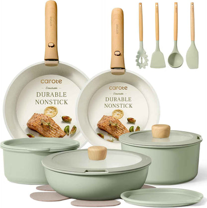 CAROTE Pots and Pans Set, Nonstick Cookware Set Detachable Handle, 19pcs Induction Kitchen Cookware Sets Non Stick with Removable Handle, RV Cookware Set, Oven Safe, Sage Green