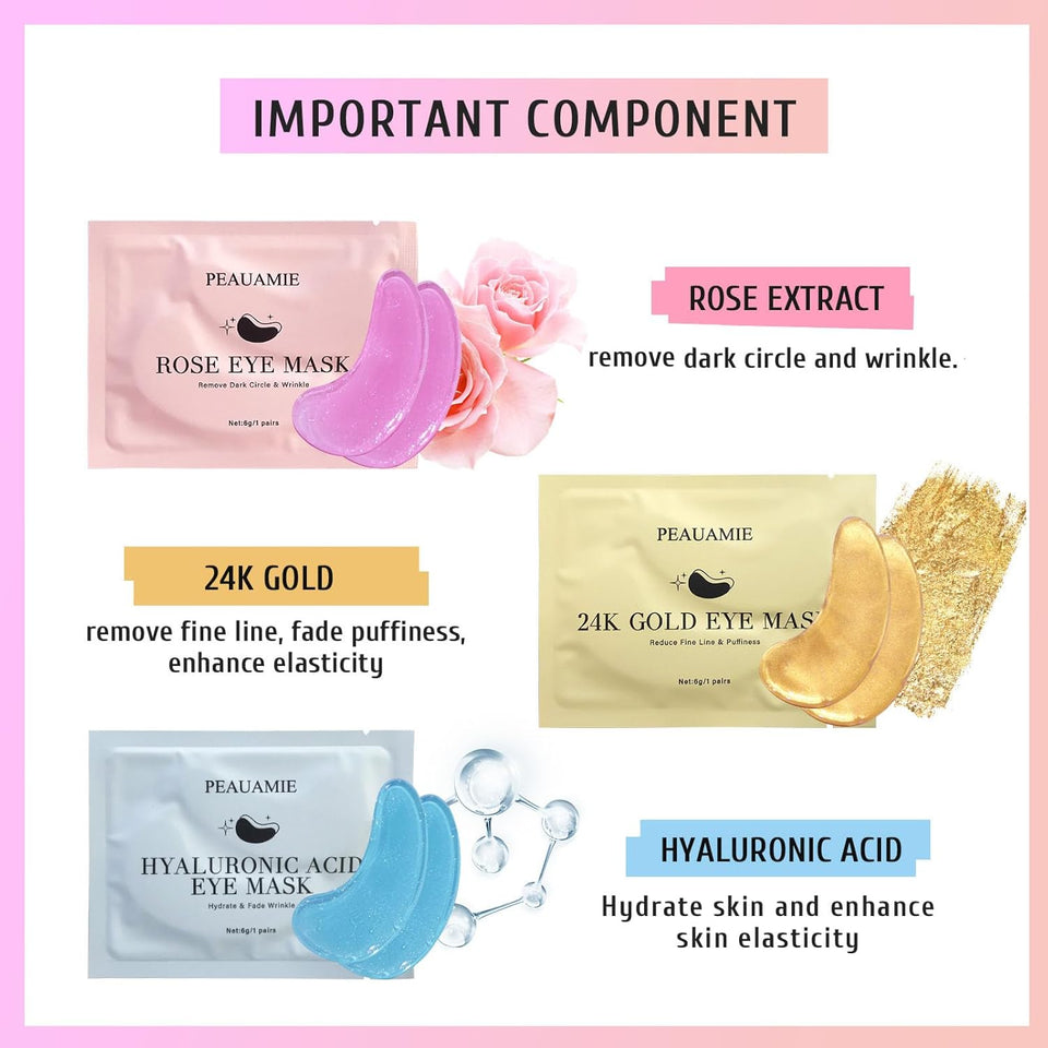 PEAUAMIE Under Eye Patches Gold and Hyaluronic Acid for PLffy eyes,Rose Eye Masks for Dark Circles and PLffiness skin care Smooth Wrinkles products 30 Pairs