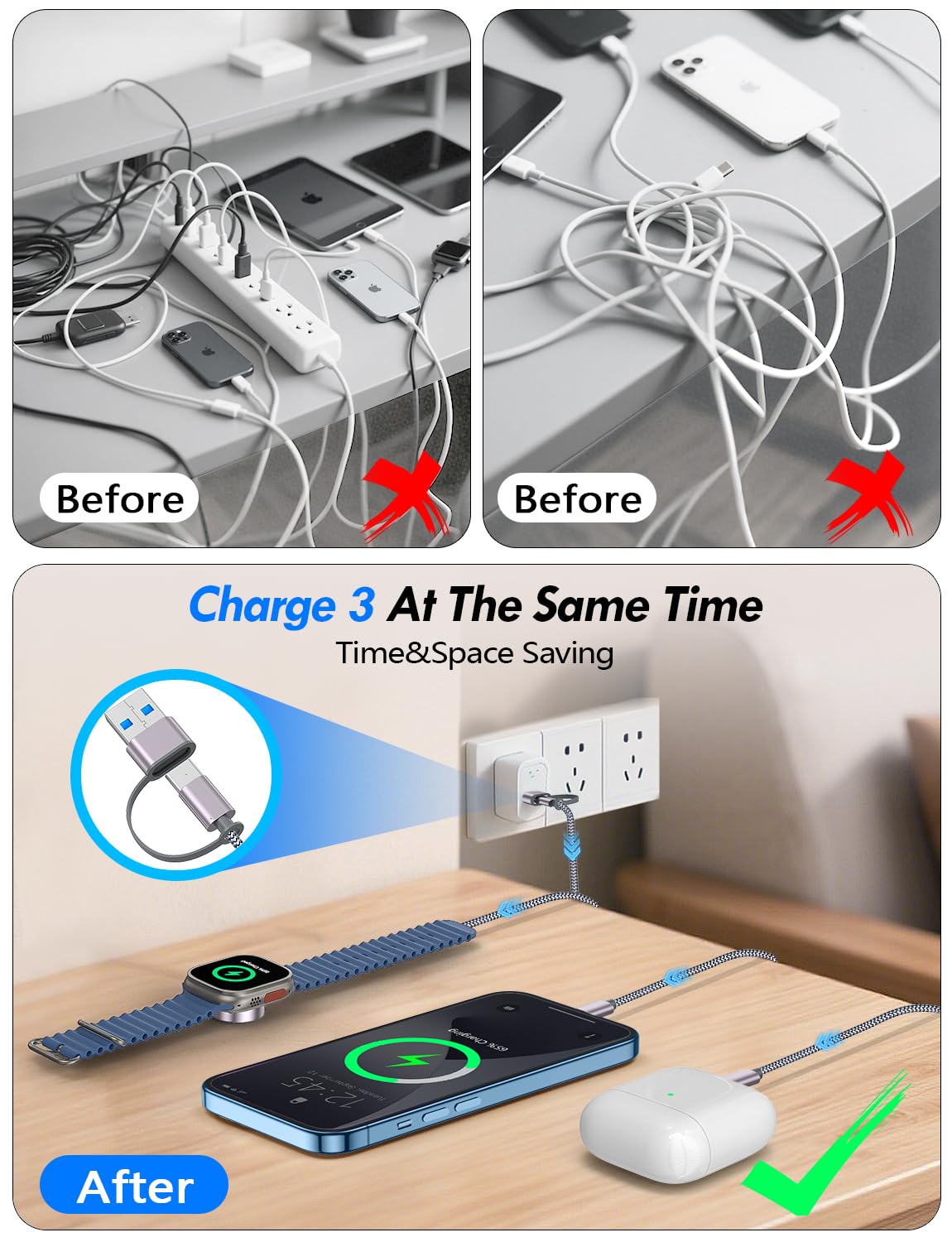2Pack Multi Charging Cable Cord for Travel Vacation Essentials,Apple Watch Charger,iPhone 17 Charger,[3-in-2] USB A/Type C/Lightning Cable for iWatch,iPhone 17-11,Xbox Series X&S,Airpods,Home,Office