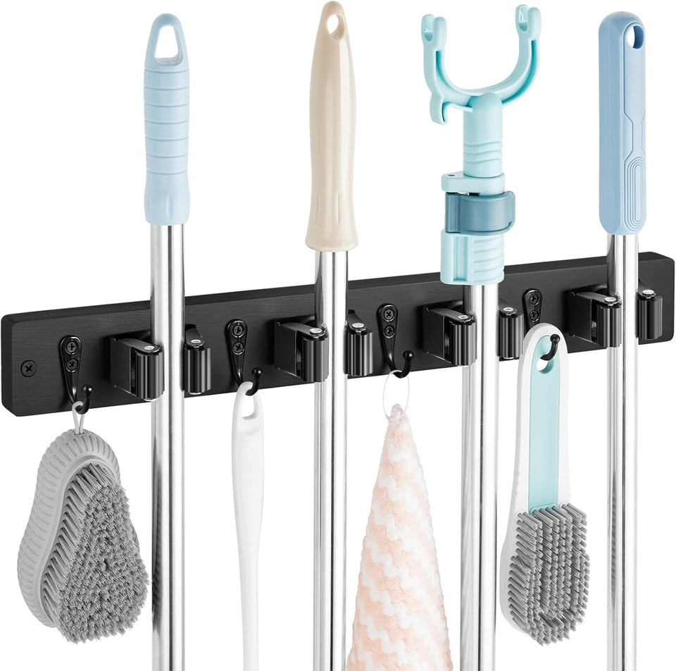Mop and Broom Holder Wall Mount - Rustic Wood Broom Mop Hanger - Wall Mounted Garden Tool Rack Organizer for Closet Garage Laundry Room Kitchen Decor With 4 Slots & 4 Hooks - PureLivingMart