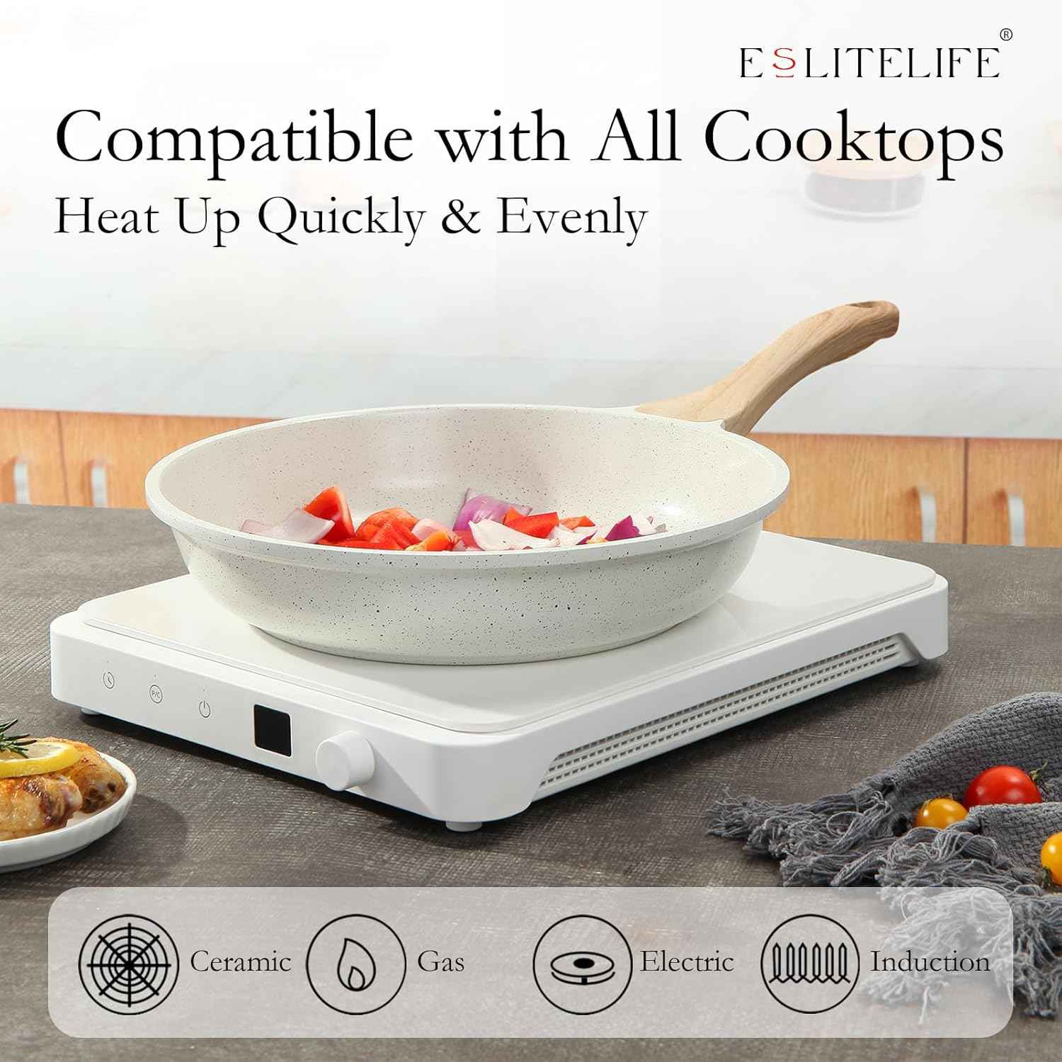 ESLITE LIFE Nonstick Ceramic Frying Pan Skillet, Non-Toxic Egg Omelette Kitchen Cooking Pans Compatible with All Stovetops (Gas, Electric & Induction), PTFE & PFOA Free (White, 8'')