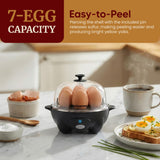 Elite Gourmet EGC-007B# Rapid Egg Cooker, 7 Easy-To-Peel, Hard, Medium, Soft Boiled Eggs, Poacher, Omelet Maker, Auto Shut-Off, Alarm, 16-Recipe Booklet, Black