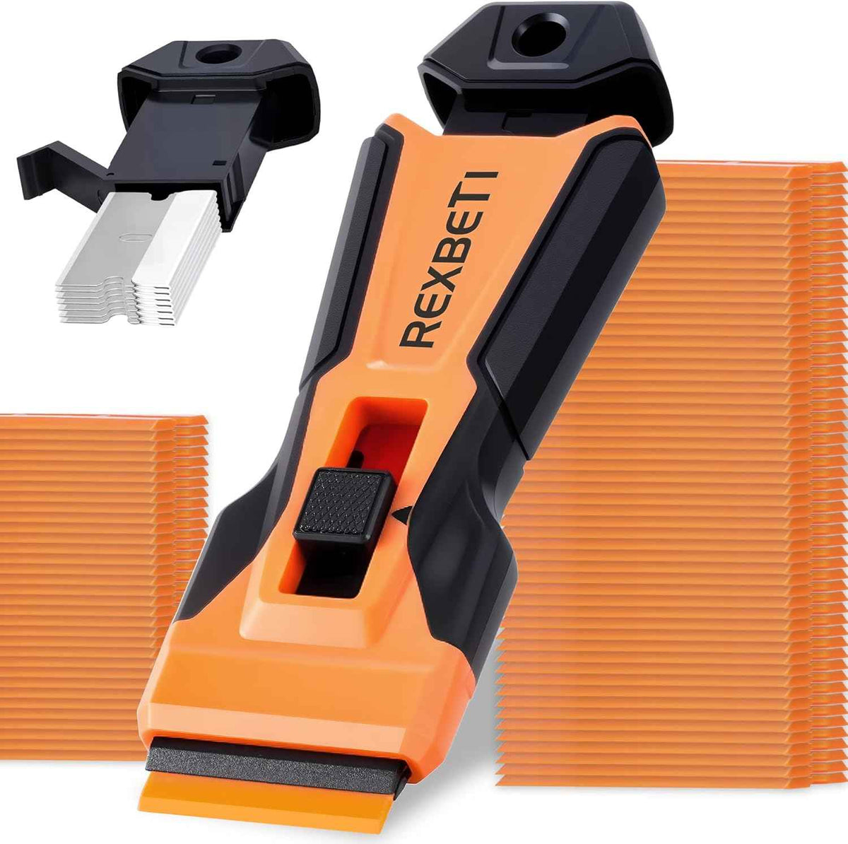 REXBETI Razor Blade Scraper Tool, 2 Pack Razor Scraper Set with Extra 80Pcs Razor Blades -30Pcs Metal and 50Pcs Plastic Blades, Cleaning Scraper Tool, Cooktop, Paint, Glass Scraper