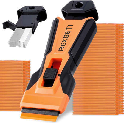 REXBETI Razor Blade Scraper Tool, 2 Pack Razor Scraper Set with Extra 80Pcs Razor Blades -30Pcs Metal and 50Pcs Plastic Blades, Cleaning Scraper Tool, Cooktop, Paint, Glass Scraper