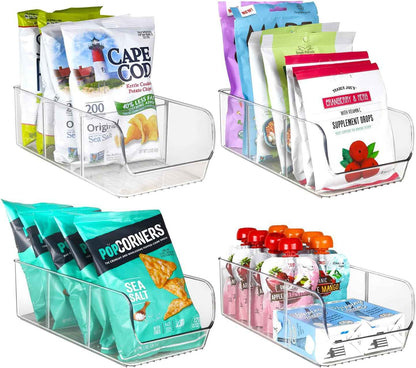 ELTOW 4-Pack Snack Organizer, 3-Compartment Plastic Bins with Removable Dividers, Chip & Food Storage for Pantry, Spices, Fridge, and Cabinet