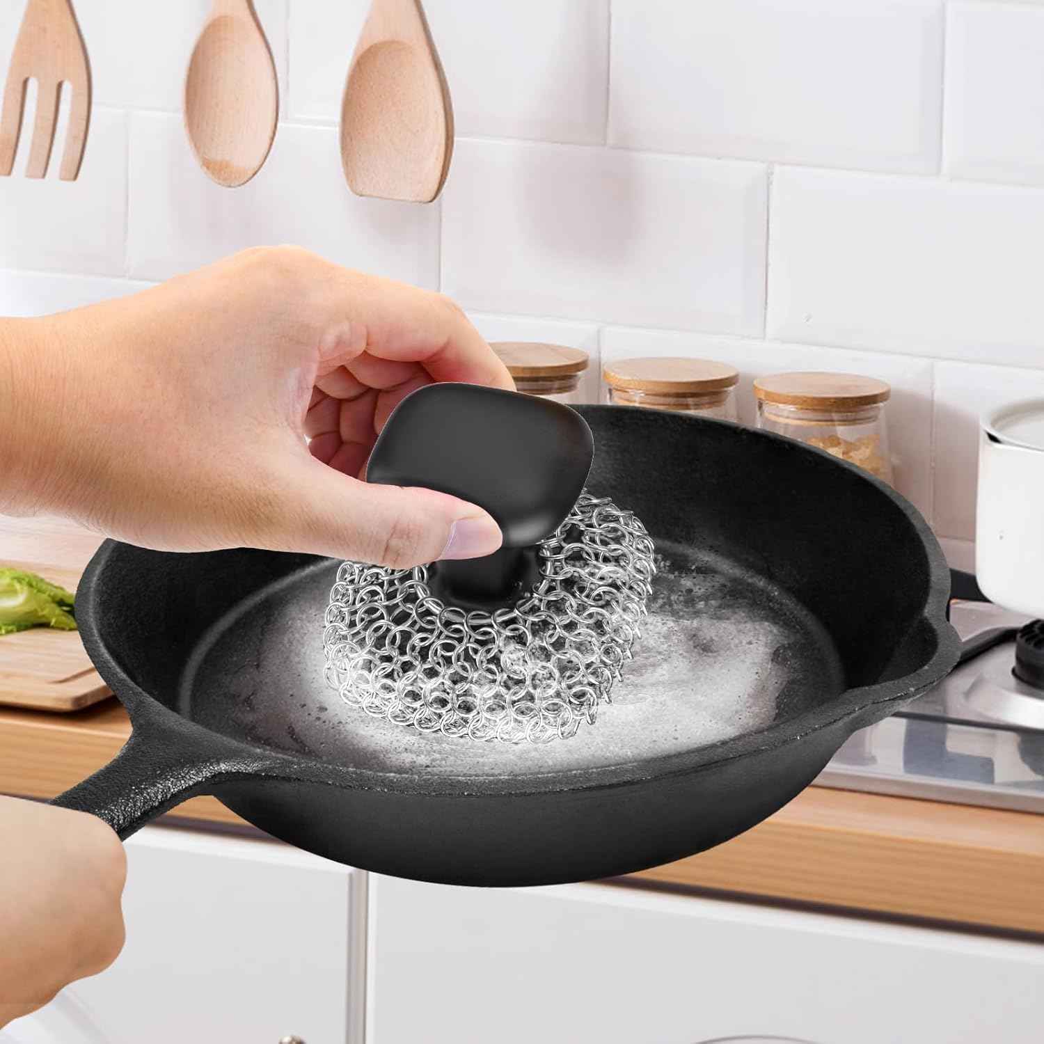 Purgreat Cast Iron Scrubber | Dish Scrub Brush | 316 Cast Iron Cleaner Chainmail Scrubber for Pan Skillet Cleaner - Dish Scouring Pad Dishwasher Safe Cleaning Kit, Black 03