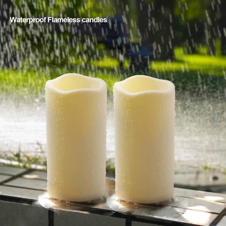 2PACK Outdoor Plastic flameless Candles with Remote Control and Timer, LED Flickering Battery Operated Electric Pillar Candles (D3 xH5.5) for Camping, Weddings, Home Decoration