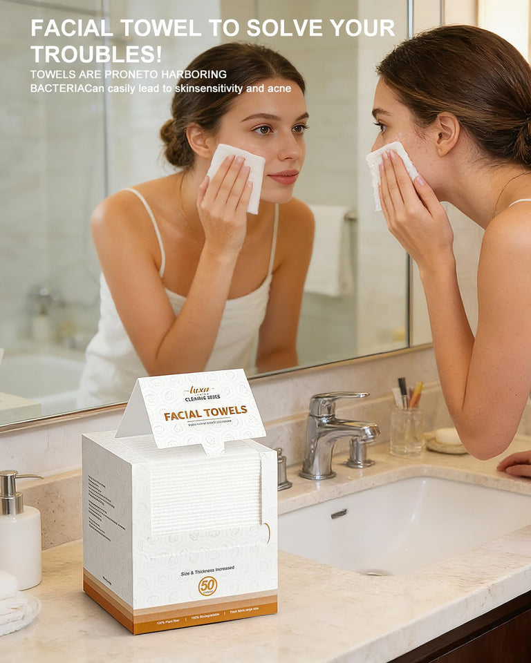 Disposable Face Towel,Biodegradable Facial Towels,Extra Thick Soft Large Clean Facial Towels Plant Fiber Facial Washcloth Dry Wipes for Sensitive Skin,Travel,Makeup Remover-50 Count