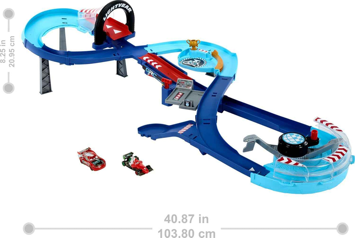 Mattel Disney and Pixar Cars Playset with 2 Toy Cars, Lightning McQueen & Francesco Bernoulli, GRC Jumping Raceway Track Set with Kid-Powered Booster