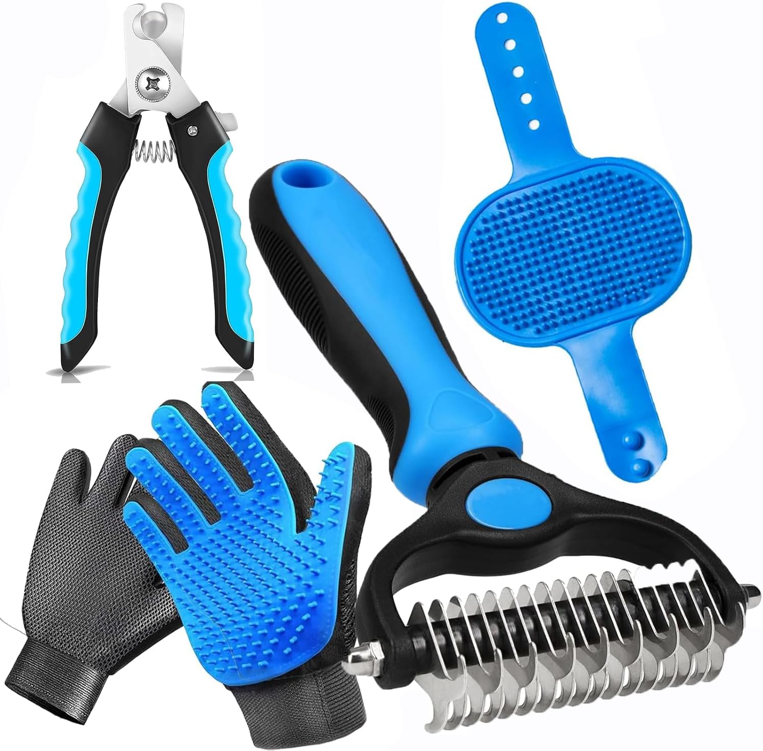 Pet Hair Removal Gloves for Dogs and Cats - 2-in-1 Deshedding Brush Massage Mitt for Shedding Control and Safe Pet Grooming 2-Pack (Blue)