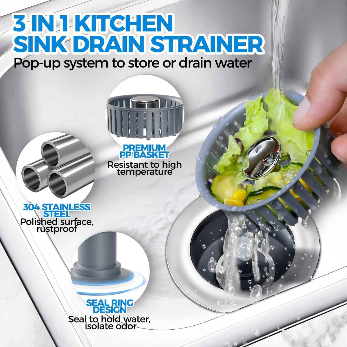 Upgraded 3in1 Kitchen Sink Drain Strainer & Sink Stopper, Stainless Steel Kitchen Drain Plug & Sink Installation Parts with Anti-Clogging Basket, Fit US Standard 3-1/2'' Sink Drain Hole, Silver