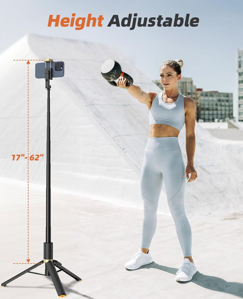 Vimose 62" All-in-One Phone Tripod & Selfie Stick – Portable Lightweight Aluminum Travel Stand with 360° Rotating Holder and Wireless Remote for iPhone and Android, Black
