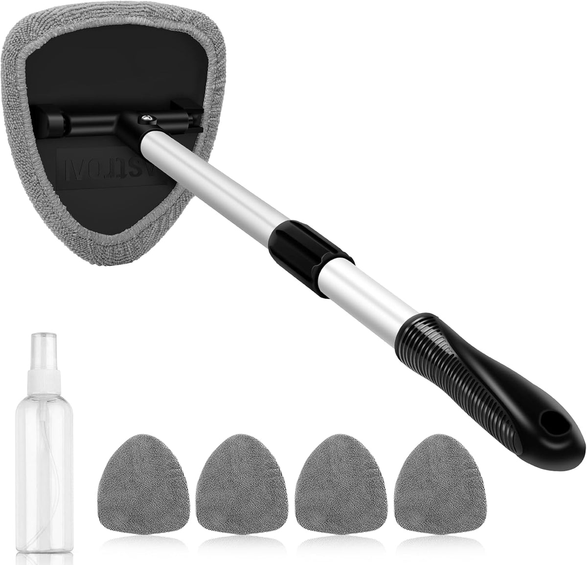 AstroAI Windshield Cleaner Tool, Extendable Handle, 4 Reusable Microfiber Pads, Auto Glass Cleaning Kit, Gray, 15.9-21in