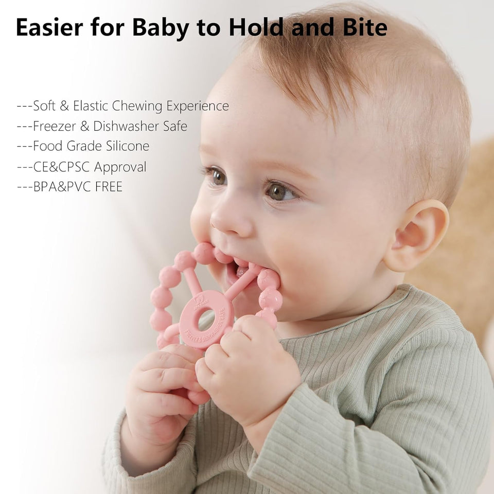 Silicone Baby Teething Ring Set – 3-Pack Multitextured Sensory Teethers for Infants and Toddlers, Easy-Grip Soft Silicone in Purple, Pink, and White