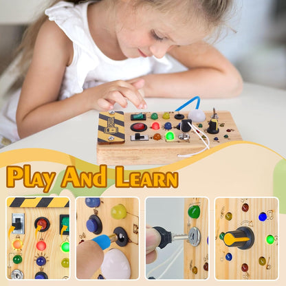 Hoarosall Montessori Wooden Busy Board with 8 LED Light switches, Sensory Toys Light Switch Travel Toys for 1+ Year Old Baby and Toddler