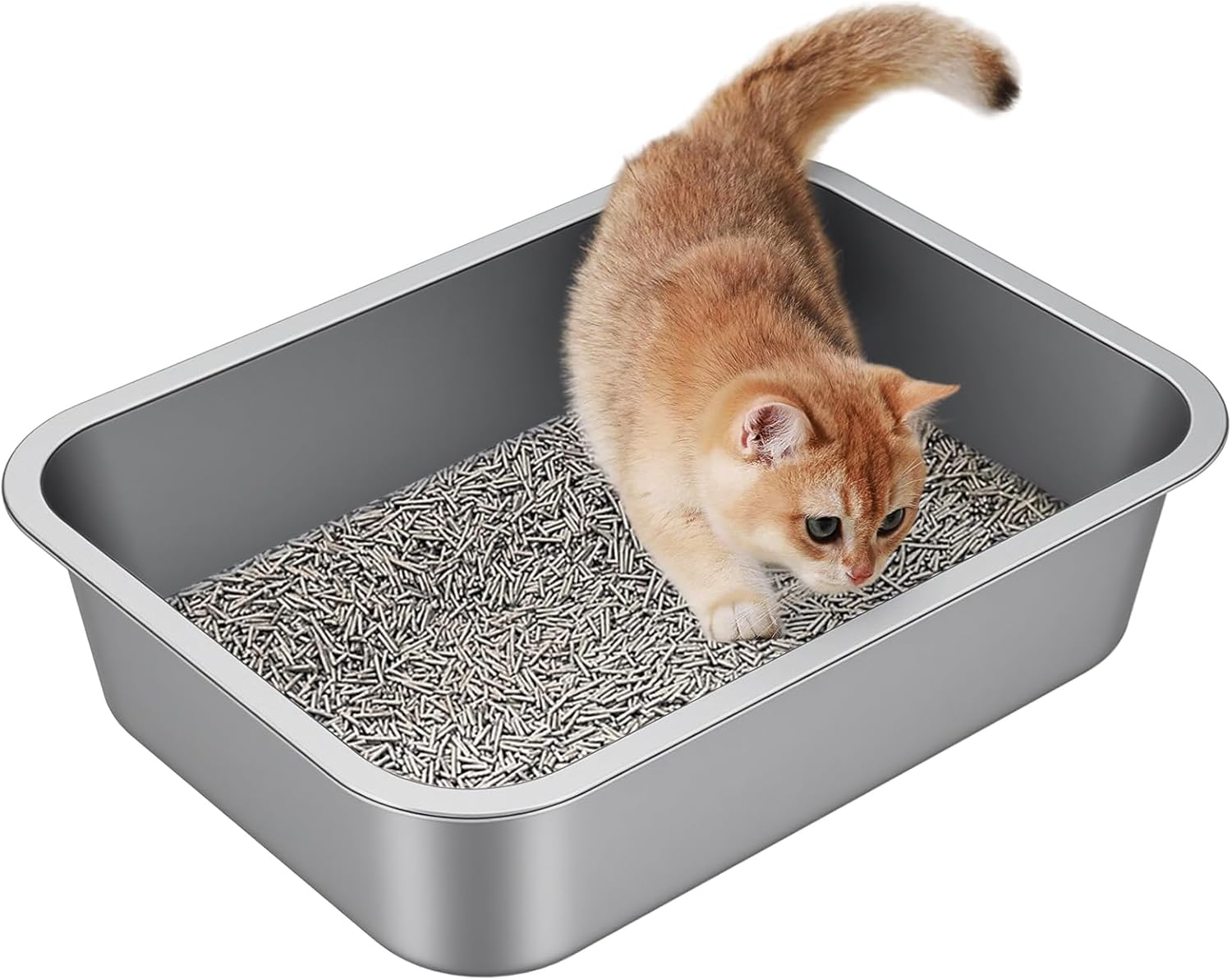 stainless steel metal cat litter box with high sides odor-free non-stick for indoor cats and kittens