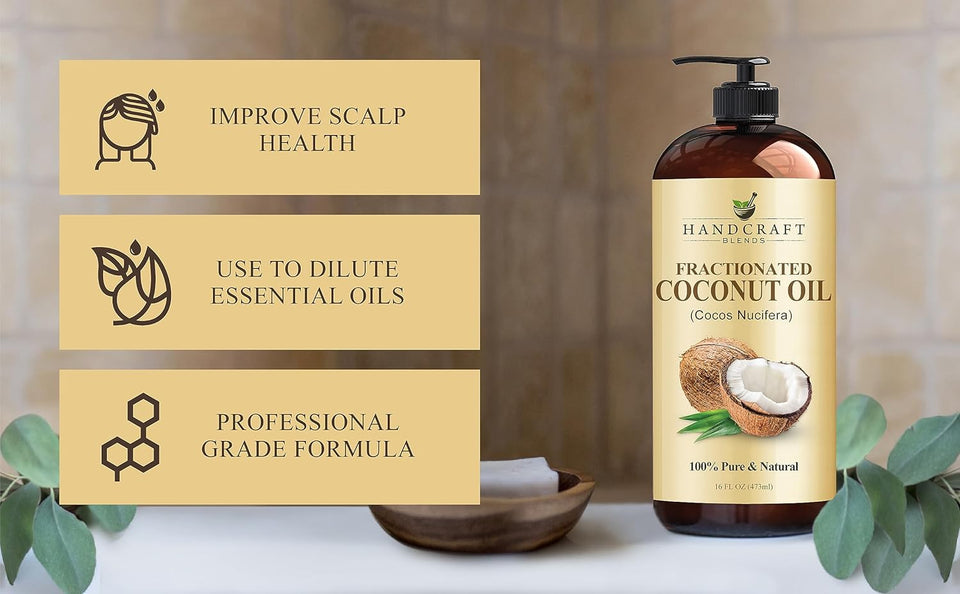 Handcraft Blends Fractionated Coconut Oil - 16 Fl Oz - 100% Pure and Natural - Premium Grade Carrier Oil for Skin, Hair and Body - Massage - Hair Tonic