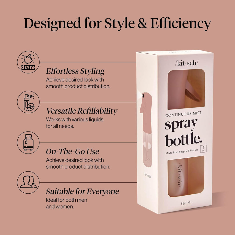 Kitsch Continuous Spray Bottle for Hair – Fine Mist Water Mister & Water Spray Bottle – Recycled Hair Spray Bottle – Spray Bottles for Cleaning, Styling, Plants & More – Terracotta, 150ml