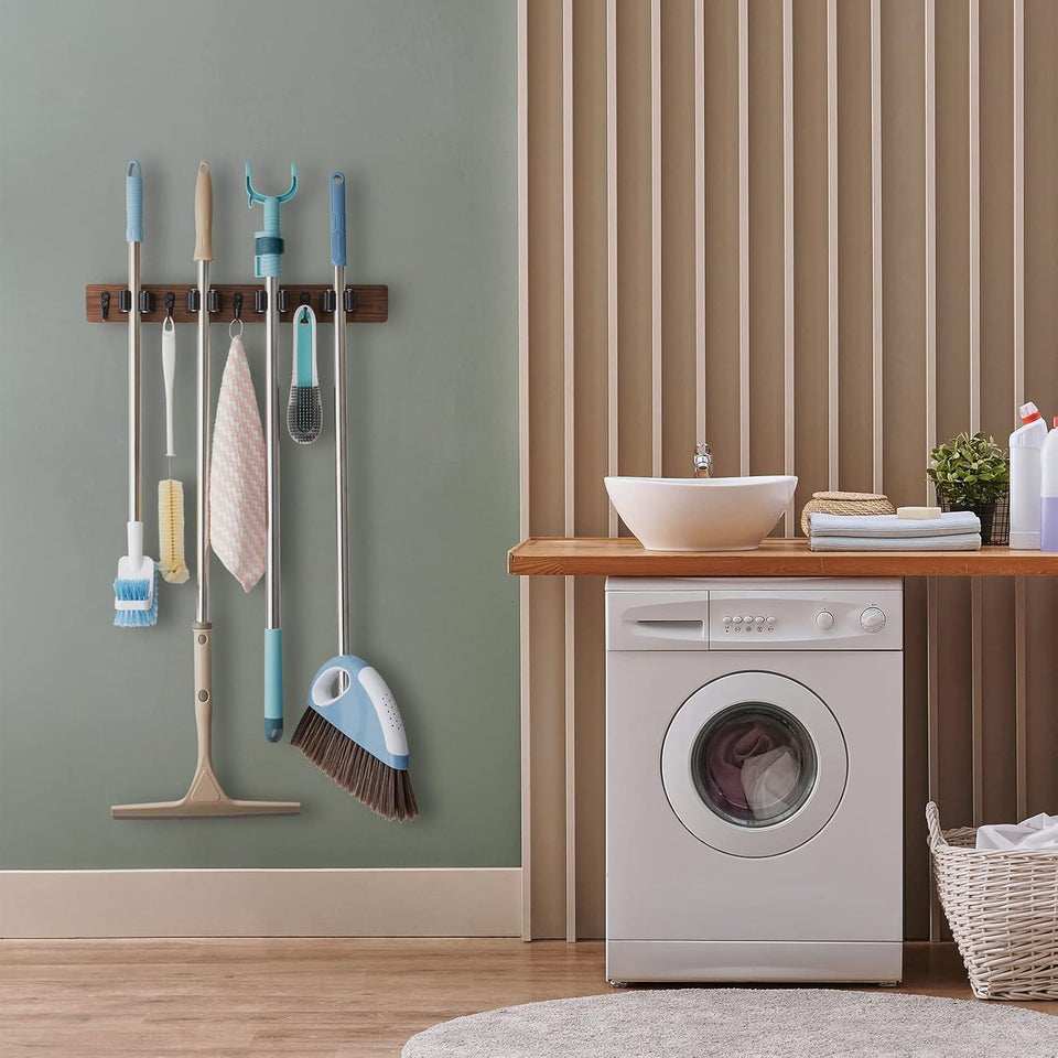 Mop and Broom Holder Wall Mount - Rustic Wood Broom Mop Hanger - Wall Mounted Garden Tool Rack Organizer for Closet Garage Laundry Room Kitchen Decor With 4 Slots & 4 Hooks - PureLivingMart