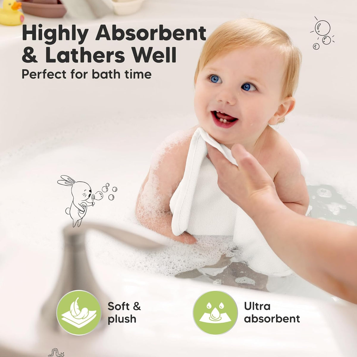6-Pack Baby Washcloths – Soft Absorbent Viscose from Bamboo Washcloths for Face, Body, Baby Towels for Newborn, Kids, Toddlers, Infant, Gentle on Sensitive Skin, 10x10 Reusable Face Towels (White)