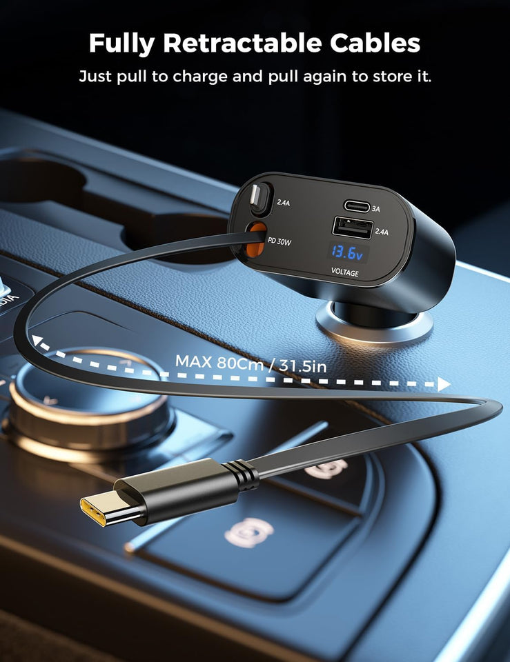 ‹ېUpgraded‹ÛÔ SUPERONE Retractable Car Charger 4 in 1, Fast Car Phone Charger with Cord 2.6ft, USB C and Apple Car Adapter, Compatible with iPhone 17 16 15/15 Pro Max/14/13/12/11, Galaxy, Pixel - PureLivingMart