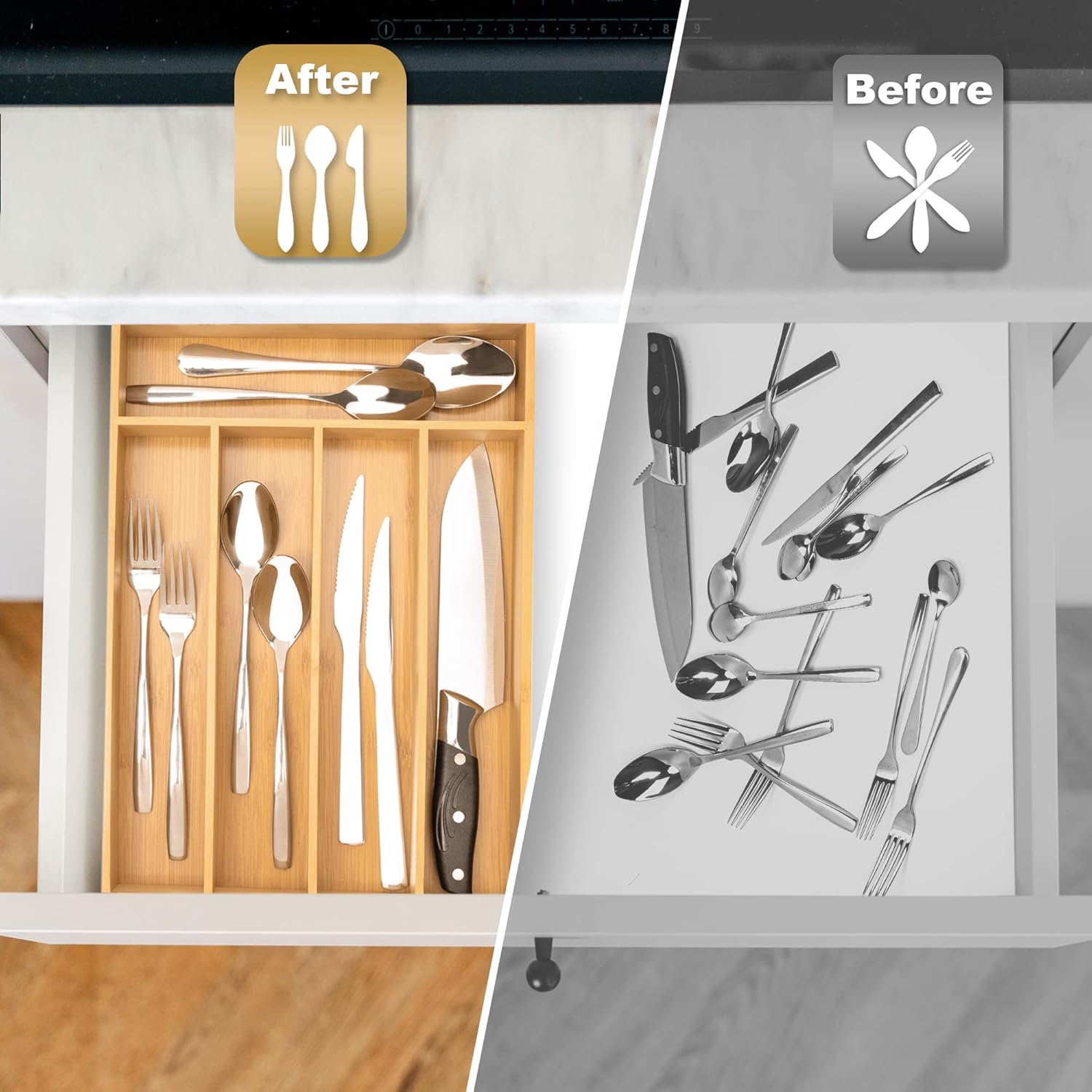 Silverware Organizer Kitchen Drawer Organizer Utensil Organizer Bamboo Silverware Holder Cutlery Organizer in Drawer Flatware Organizer Tray(5 slots, Natural