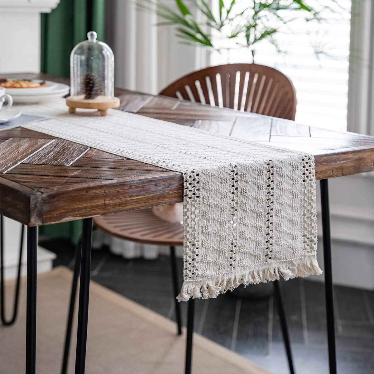 Alynsehom Macrame Hand Woven Cream Beige Boho Table Runner with Tassels 12x71in Cotton Rustic Farmhouse Kitchen Dining