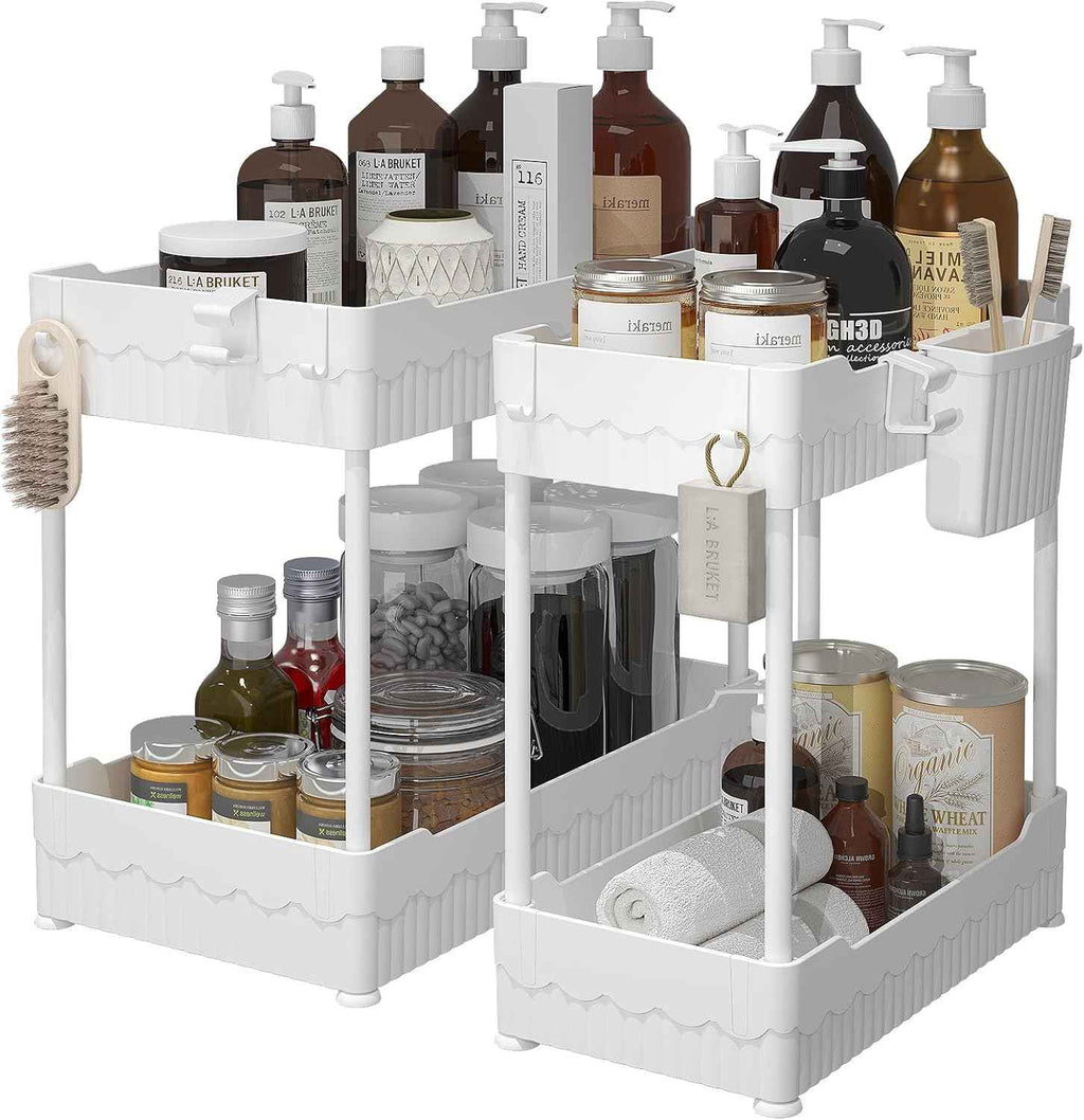 2 Pack Under Sink Organizer, Under Bathroom Cabinet Organizer with Hooks Hanging Cup, Multi-Purpose Storage Shelf for Kitchen Bathroom, Black