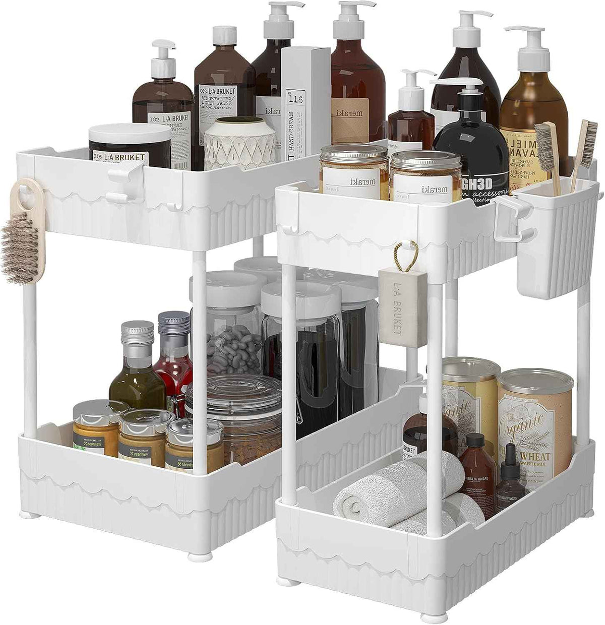 2 Pack Under Sink Organizer, Under Bathroom Cabinet Organizer with Hooks Hanging Cup, Multi-Purpose Storage Shelf for Kitchen Bathroom, Black
