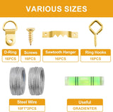 KURUI 303Pcs Picture Hanging Kit, Picture Hangers Assorted Kit with Heavy Duty Picture Hanging Hooks/Hardware Nails/Sawtooth/Wire/D Rings/Level, Metal Picture Wall Hooks for Frame Canvas Mounting